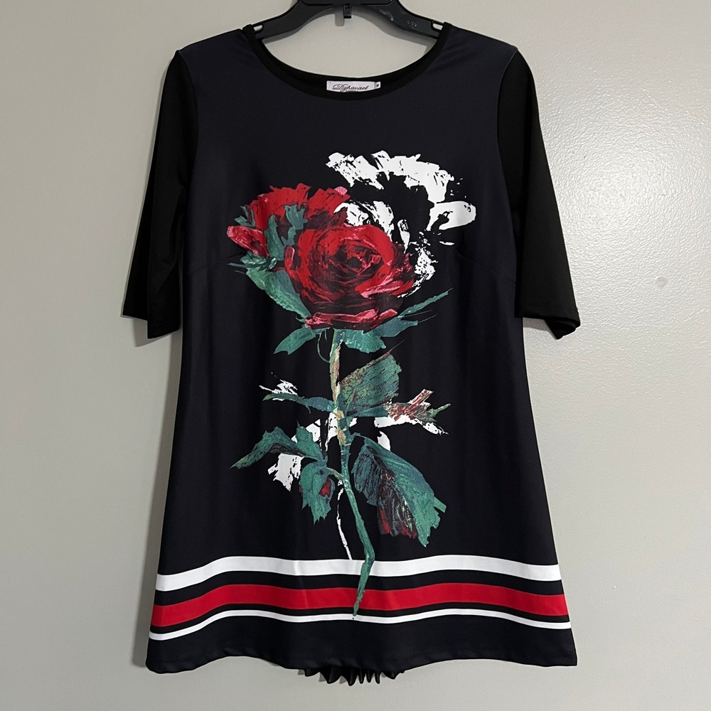 Dzhavael Statement‎ Black Red Rose Graphic Tunic Top Pleated Back M edgy moody